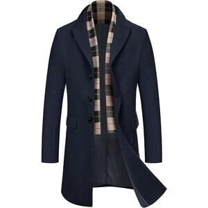 NWT COOFANDY Men's Peacoat Pea Coats Winter Breasted W Detachable Scarf,Navy-S